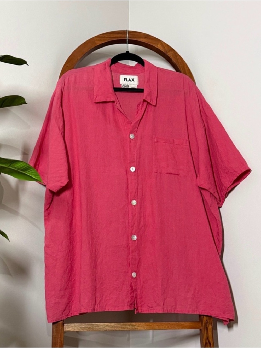 Flax LARGE Pink 100% Linen Short Sleeve Button Front Shirt